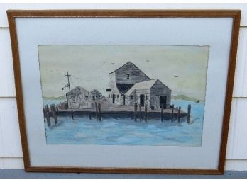 Mid-century New England Coastal Dock Scene Watercolor - SRH Initialed, A Talented Artist