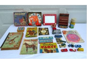 Vintage Antique Toys & Books Lot, Cars, Etch A Sketch, Games, Cash Register & More.