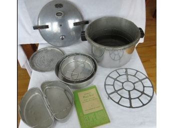 Mid-Century Montgomery Ward Magic Seal No. 7-16 Cast Aluminum Pressure Cooker W/All Accessories