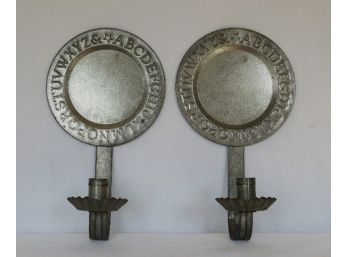 Pair Of Primitive Colonial Tin Reproduction Wall Candleholders With Reflectors