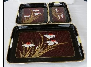 3 Asian Bamboo Trimmed Trays 1970's-80's Vintage Appear To Be New Never Used