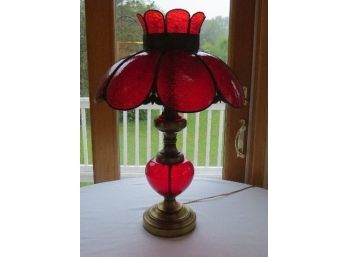 Beautiful 60's Retro Slag Glass Ruby Red & Bronzed Finish Table Lamp - 19' Diameter Shade!