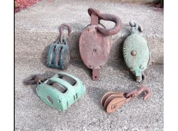 Lot Of 5 Antique Double Block Pulleys Including Three Early Painted Examples