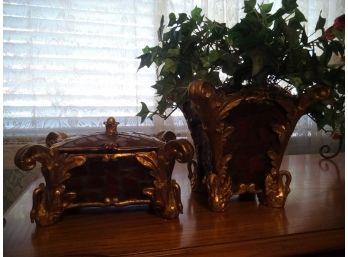 Treasure Box And Matching Planter W/dried Flowers