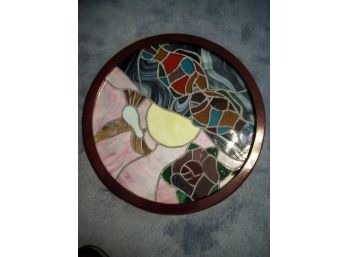 Hand Made Stained Glass With Cherry Wood Frame - Approx 24' Diameter