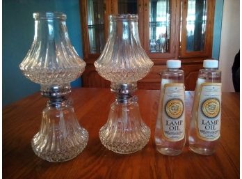 Vintage Glass Oil Lamps With Oil - Set Of 2 - 14' High