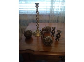 Set Of Brass Decorations - 3 Candle Sticks 3 Decorative Balls