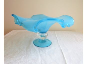 Mid-century Murano Blue Glass Style Pedestal Compote Bowl