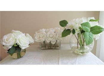 Trio Of White Faux Flowers In Glass Vases