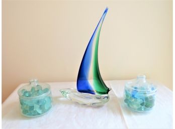 Murano Style Glass Sailboat And Jars Of Seaglass