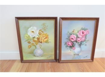 Pair Of Original Signed Floral Paintings Art