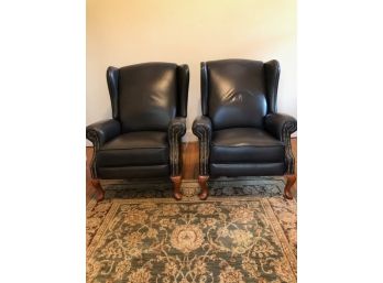 Black Leather Recliners  Wing Chairs  With Nail Head Trim  Details Pair