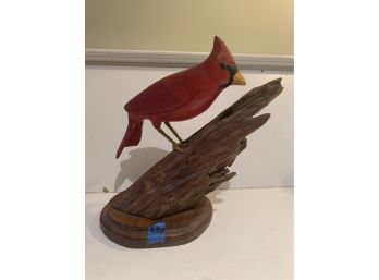 220, Red Cardinal On Log Artwork, Wood Carving Sculpture