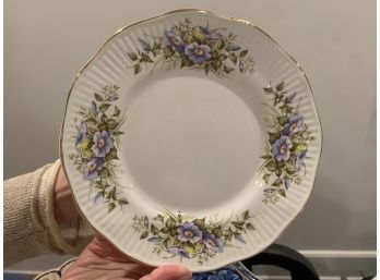 273, Small White Plate With Green And Purple Flowers And Gold Leaf