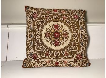 381, Needlepoint Pillow Green And Pink And White With Blue And Yellow Floral