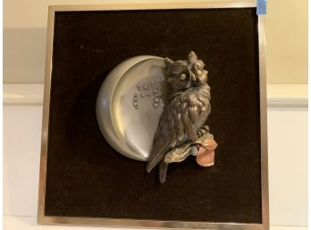 Wooden Plaque With Moon And Owl In Etched Silver