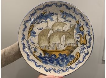 262, Large Ship Platter Yellow And Blue