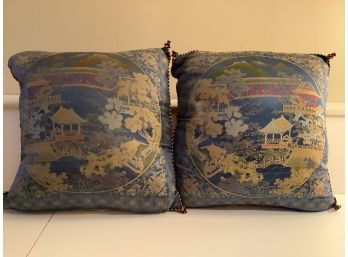 380, Pair Of Asian Fabric Pillows In Blue And Gold, Feels Like Two Pairs Of Pillows