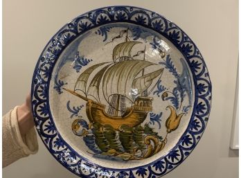 261, Ship Painting With A Delft Edge, Large Round Platter