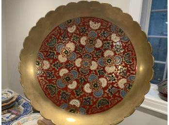 284, Scalloped Edge Brass Bowl With Red Chinese Flowers