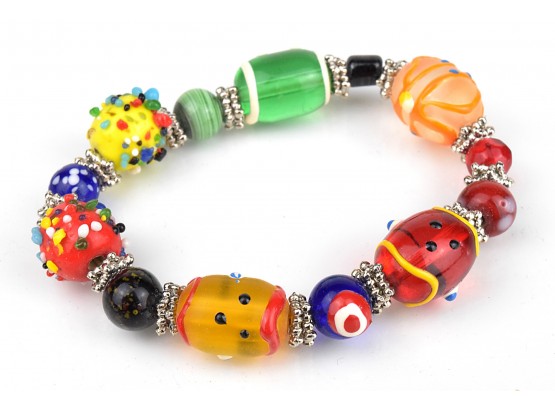Hand Made Art Glass Candy Beads With Silver Stretchy Bracelet