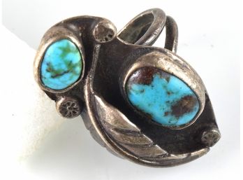 Heavily Patinated Sterling Handmade Spider Web Turquoise Ring - Sz.6.5