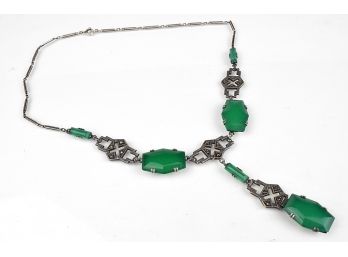 Sterling, Jadeite Glass And Marcasite Art Deco Necklace
