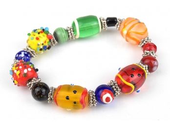 Hand Made Art Glass Candy Beads With Silver Stretchy Bracelet
