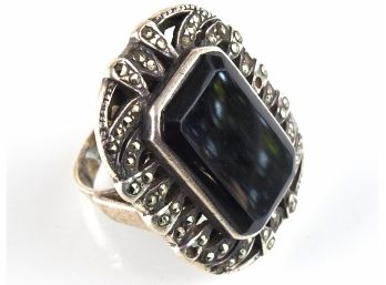 Imposing Sterling Black Glass And Marcasite Ring Sz.8