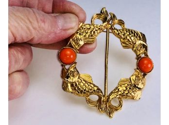 XL Koi Fish Goldtone Brooch With Faux Coral