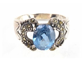 Sterling Silver, Blue Topaz And Marcasite Ring With Love|Heart Motif 9