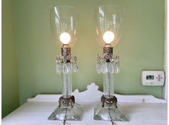Pair Of Vintage Crystal Lamps With Hanging Prisms & Glass Hurricane Shades