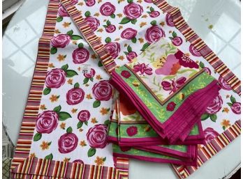 Pair Of Pink & Green Floral Stripe Table Runners With Matching Napkins, New