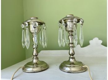 Pair Of Vintage Candlestick Form Metal Lamps Adorned With Crystal Prisms
