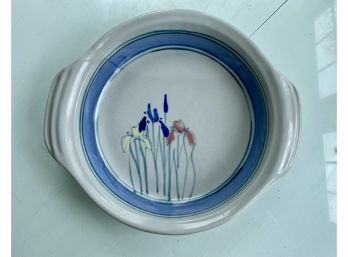 Large Studio Made Pottery Low Bowl With Iris Motif