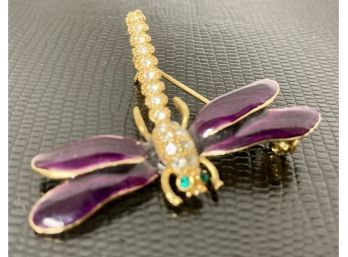 Dragon Fly With Purple Wings White Rhinestones And Green Rhinestone Eyes In Golden Metal