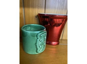 Red And Green Glazed Pot And A Metallic Painted Vase