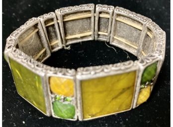 Vintage Wide Bracelet In Silver With Yellow And Green Stones