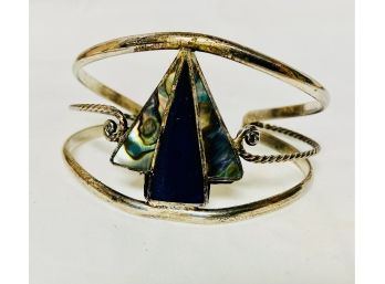 Silver With Abalone And A Dark Blue Center Of Glass(?) Cuff Bracelet