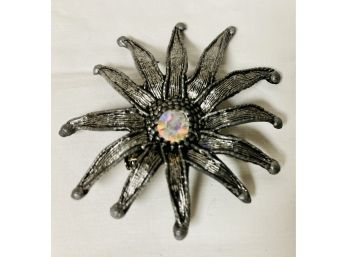 Big Sunflower Brooch In Pewter(?) With Iridescent Bead Center