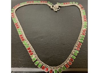 B1 SCK Nice Silver Necklace With Green And Red Enamel