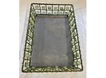 Nice Metal Serving Tray Has Nice Green Square Beads Wired On To The Sides With Mesh Bottom