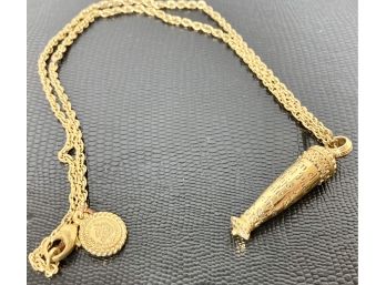 Interesting And Unique Pendent In Gold On Long Chain With Writing