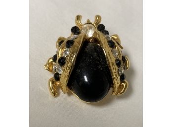 Beetle Brooch With Black And White Rhinestones And A Black Body