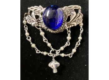 Cool Brooch In Silver With Large Blue Center Stone