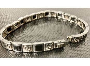 Nice Silver Bracelet With Black Stones Marked On The Side.