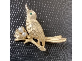 Sweet Golden Bird Brooch By JJ With 2 Pearls(?)