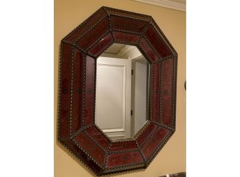 Amazing HOWARD ELLIOTT Collection Peruvian Octagonal  Burgundy Mirror With Floral Accents Hand Painted Glass