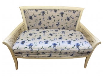 ETHAN ALLEN Settee Blue Floral Upholstery With Cane Arm Detail