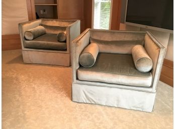 Contemporary Custom Made Velvet  Cube Lounge  Chairs Single Cushion, Nail Head Trim & Bolsters (PAID $ 5,600)